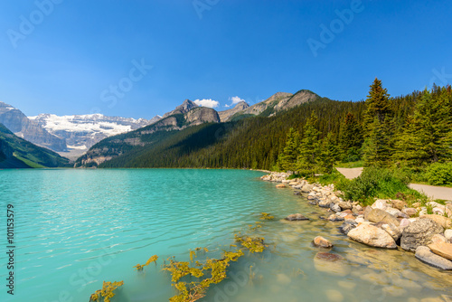 Majestic mountain lake in Canada. Louise Lake view in Banff, Alberta, Canada. Rocky Mountains.