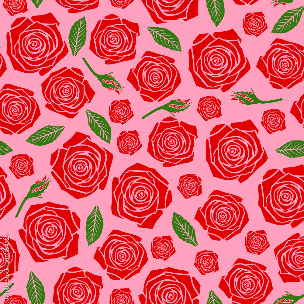 Red roses flowers pattern seamless on pink background