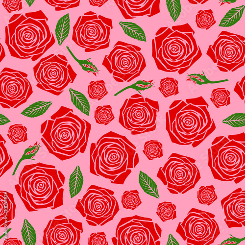 Red roses flowers pattern seamless on pink background