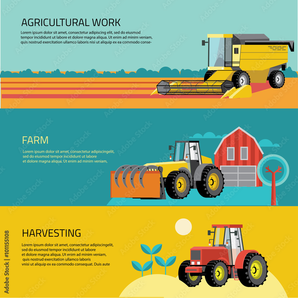 Vector set of agricultural vehicles and farm machines. Tractors, harvesters, combines. Vector set of agricultural vehicles and farm machines. Tractors, harvesters, combines.