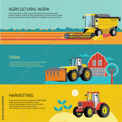 Vector set of agricultural vehicles and farm machines. Tractors, harvesters, combines.