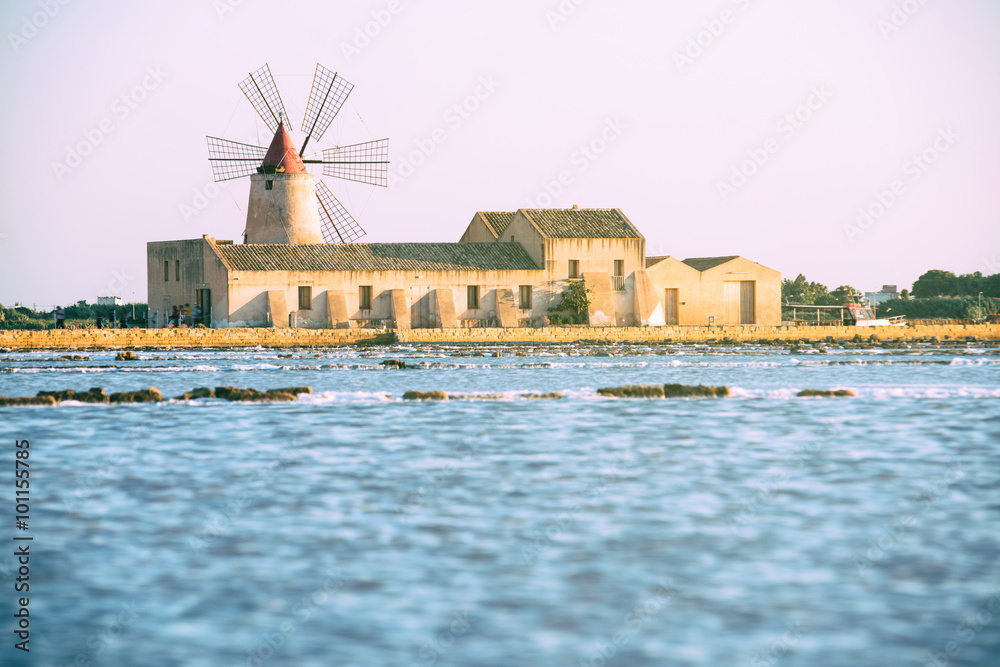 Pans of Trapani with windmills, in Sicily