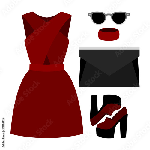 Set of trendy women's clothes. Outfit of woman dress and accessories. Women's wardrobe. Vector illustration