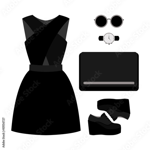 Set of trendy women's clothes. Outfit of woman dress and accessories. Women's wardrobe. Vector illustration