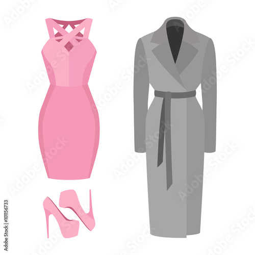 Set of trendy women's clothes. Outfit of woman coat, dress and accessories. Women's wardrobe. Vector illustration