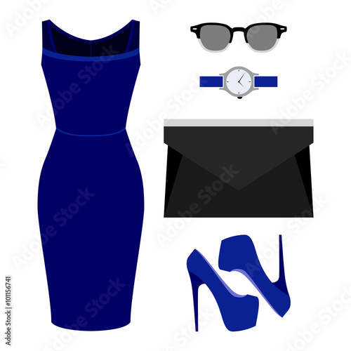 Set of trendy women's clothes. Outfit of woman dress and accessories. Women's wardrobe. Vector illustration