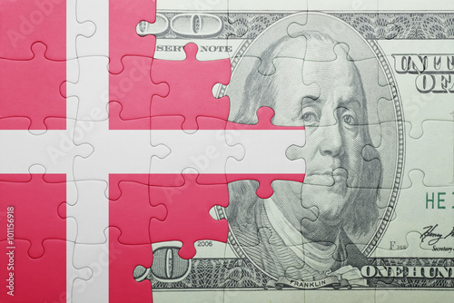 Wallpaper Mural puzzle with the national flag of denmark and dollar banknote Torontodigital.ca