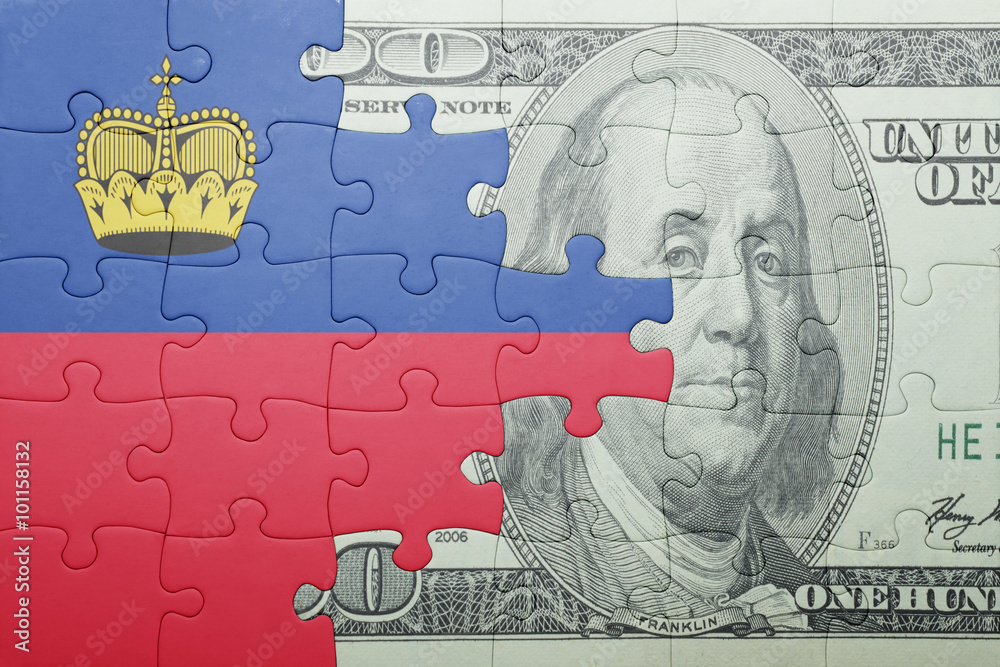 puzzle with the national flag of liechtenstein and dollar banknote