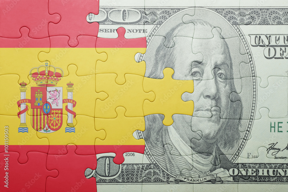 puzzle with the national flag of spain and dollar banknote puzzle with the national flag of spain and dollar banknote