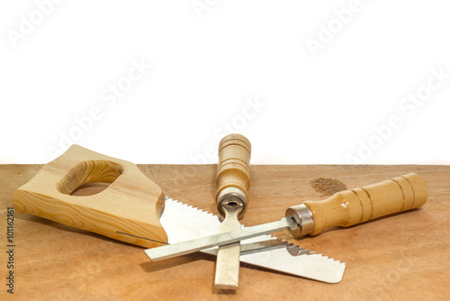 set of wooden tools on white background