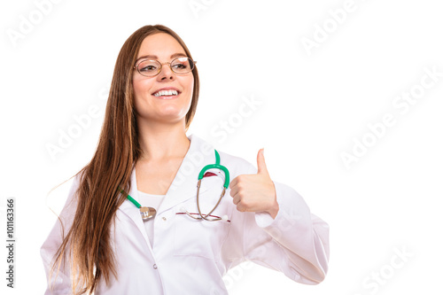 Woman in lab coat thumb up gesture