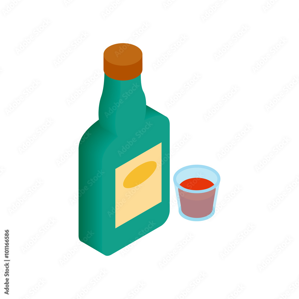 A bottle of alcohol and a glass isometric 3d icon A bottle of alcohol and a glass isometric 3d icon