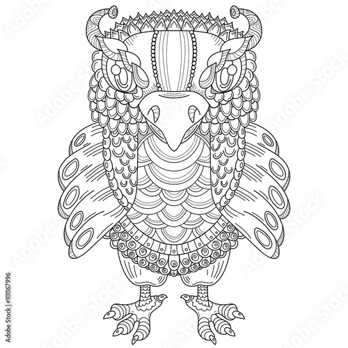 hand drawn illustration of owl in zentangle style