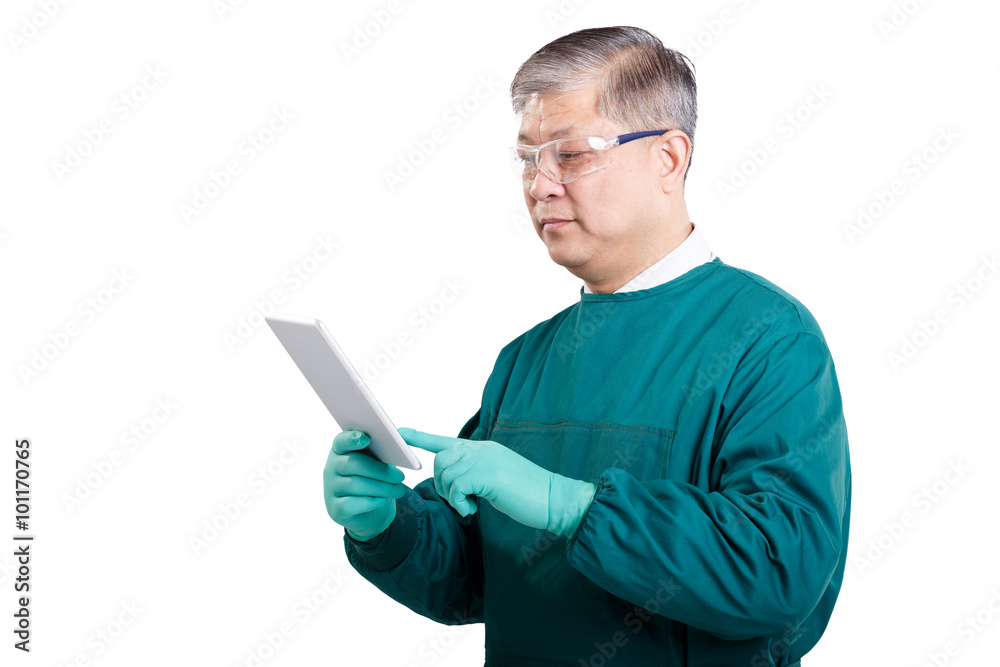 portrait old asian man doctor in gown with digital tablet portrait old asian man doctor in gown with digital tablet