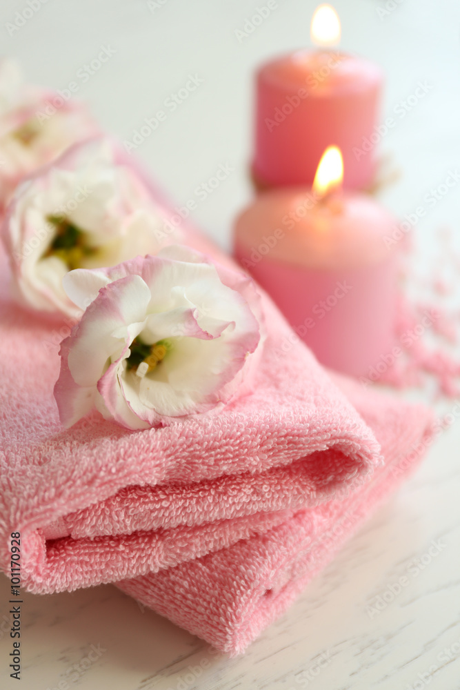 Beautiful composition of spa treatment on a white wooden table Beautiful composition of spa treatment on a white wooden table