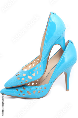 isolated women beautiful modern high-heeled leather turquoise shoes 