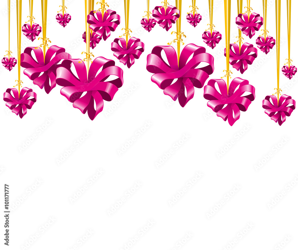 Volume pink and magenta intertwined hearts made of silk ribbon decorated and hung on a gold ribbon with curls, background with blank space for text, isolated objects for design, vector illustration Volume pink and magenta intertwined hearts made of silk ribbon decorated and hung on a gold ribbon with curls, background with blank space for text, isolated objects for design, vector illustration