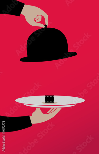 Two hands holding a cine film in flat style - movie concept.