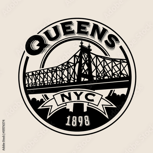 vintage t-shirt sticker emblem design. Queens, New York City and Queensboro Bridge