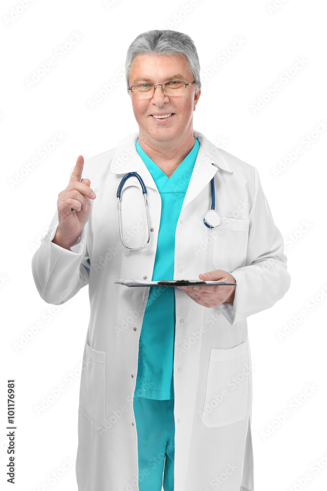 A handsome doctor with stethoscope and clipboard, isolated on white