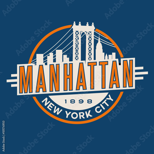vintage t-shirt sticker emblem design. Manhattan New York City and Manhattan Bridge and  skyline