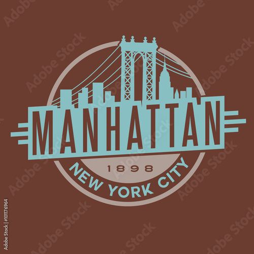 vintage t-shirt sticker emblem design. Manhattan New York City and Manhattan Bridge and  skyline