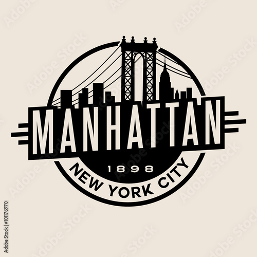 vintage t-shirt sticker emblem design. Manhattan New York City and Manhattan Bridge and  skyline