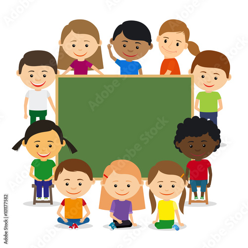 Kids around chalkboard. Kids education and childrens training concept. Vector illustration