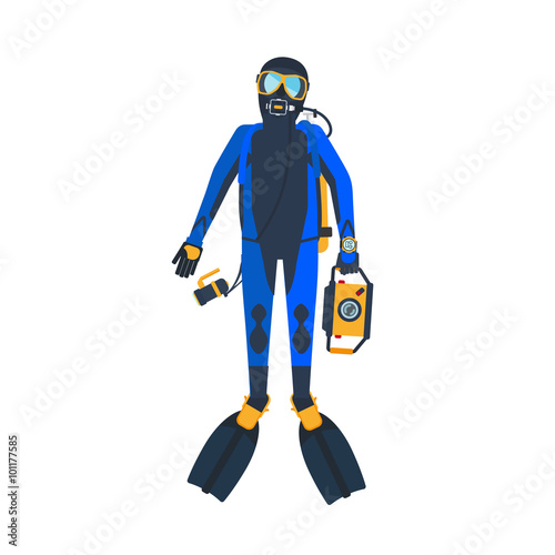 Scuba diver flat style illustration. Diving man on white background. Vector illustration
