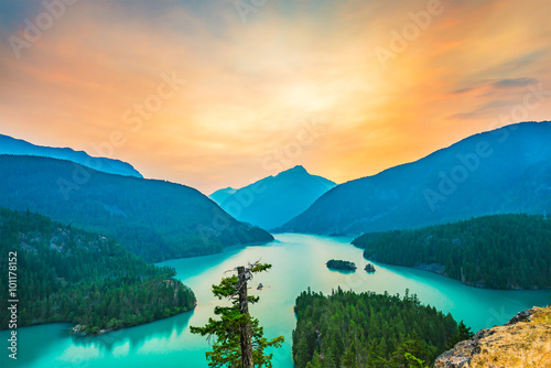 scene over Diablo lake when sunrise in the early morning in North cascade National park Washington usa.  