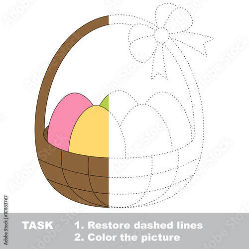 Busket with eggs to be colored. Vector trace game. 