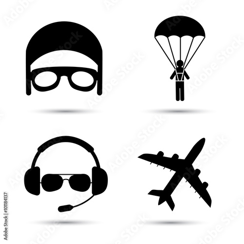 Skydiver on parachute, pilot, airplane silhouette icons. Vector format