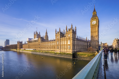 Houses of Parliament and Big Ben with River Thames on an early morning shot in central London  UK  