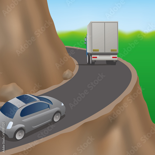 Cars on the road on the cliff, vector illustration