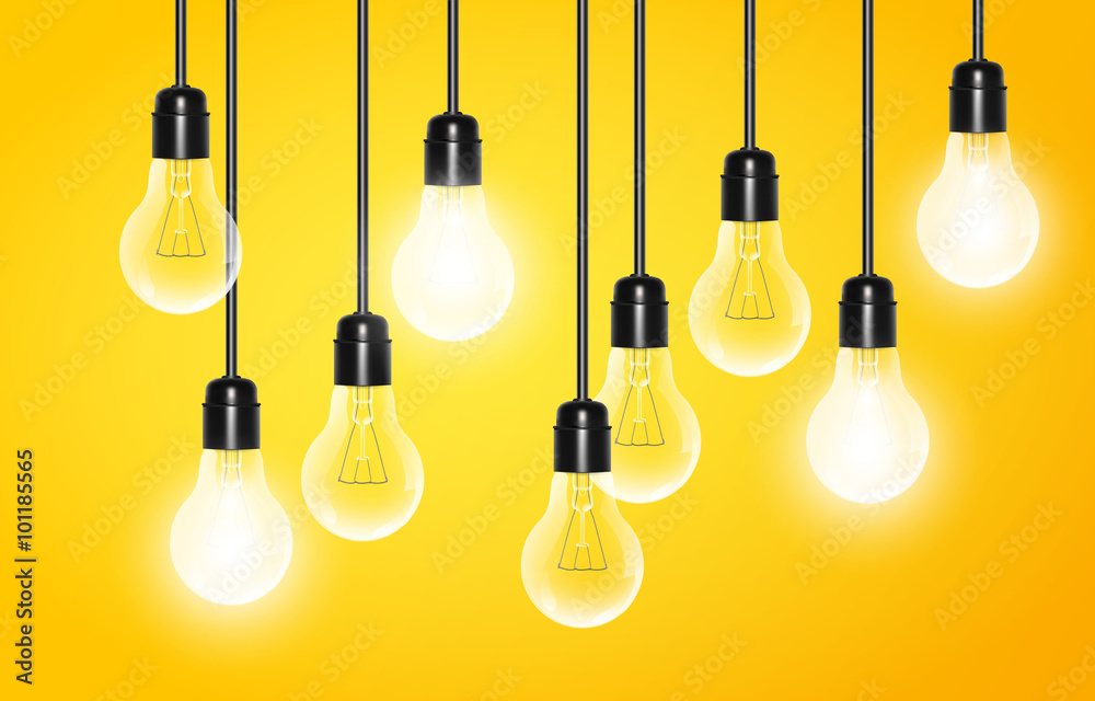 Hanging light bulbs with a few glowing on yellow background. Vector illustration for your design. Hanging light bulbs with a few glowing on yellow background. Vector illustration for your design.