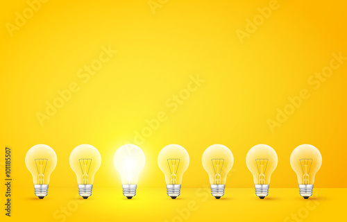 Standing in a row light bulbs with glowing one on yellow background. Unlike others or odd man out concept. Vector illustration.