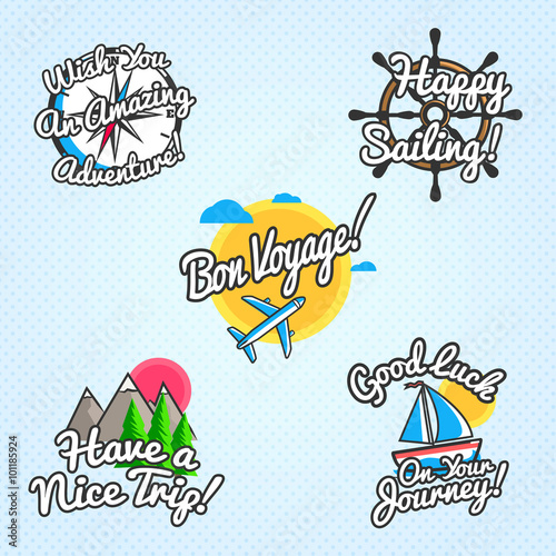 Travel wishes and greetings set. Vector illustration for touristic greeting cards, brochures, posters.