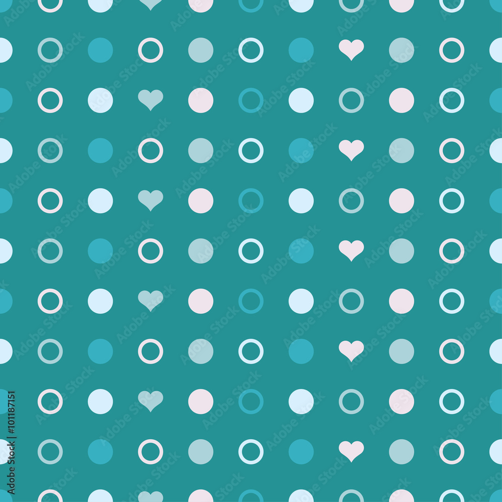 Seamless vector decorative background with hearts and polka dots