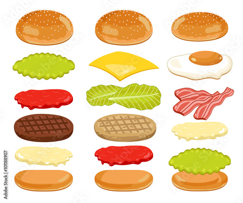Burger isolated. Burger ingredients on white backgrounds. Bun, Cheese, Beef, Salad, Ketchup. Vector Burger Icon Set.