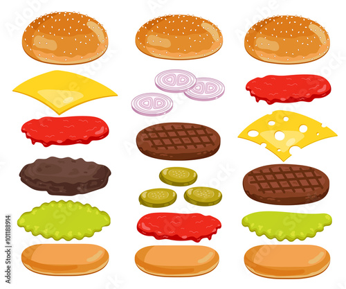 Burger isolated. Burger ingredients on white backgrounds. Bun, Cheese, Beef, Salad, Ketchup. Vector Burger Icon Set.