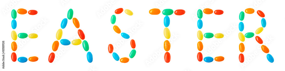 easter lettering made of multicolored candies isolated on white