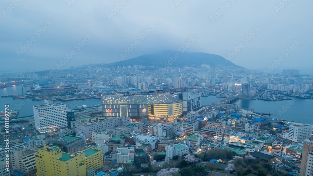 4K Timelapse, aerial view of Busan downtown cityscape from sunset to night 4K Timelapse, aerial view of Busan downtown cityscape from sunset to night