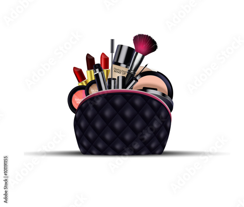 Set of cosmetics with black bag on isolated background