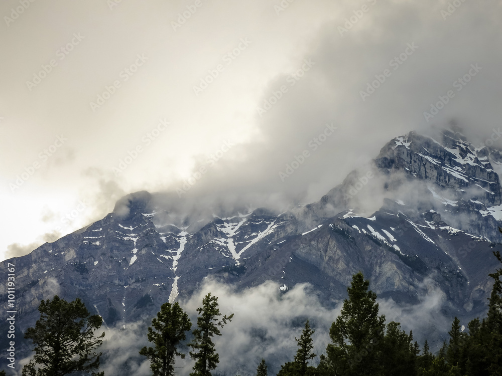 Low Clouds Hug the Mountains in Banff