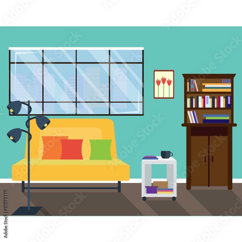 Living room with big window. Comfortable hall. Vector home interior in flat design. Sofa and lamp, bookcase and coffee table