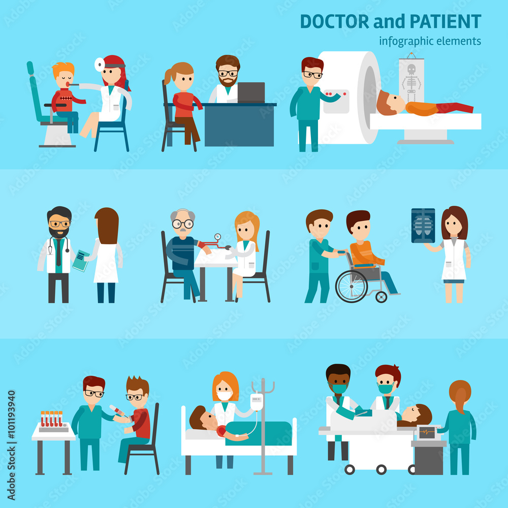 Medical infographic elements with doctor and patients treatments and examination flat pictograms with healthcare symbols abstract isolated vector illustration on blue background Hospital professionals
