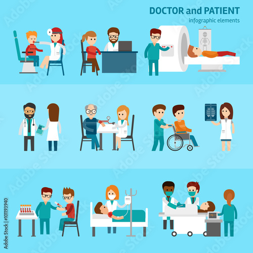 Medical infographic elements with doctor and patients treatments and examination flat pictograms with healthcare symbols abstract isolated vector illustration on blue background Hospital professionals