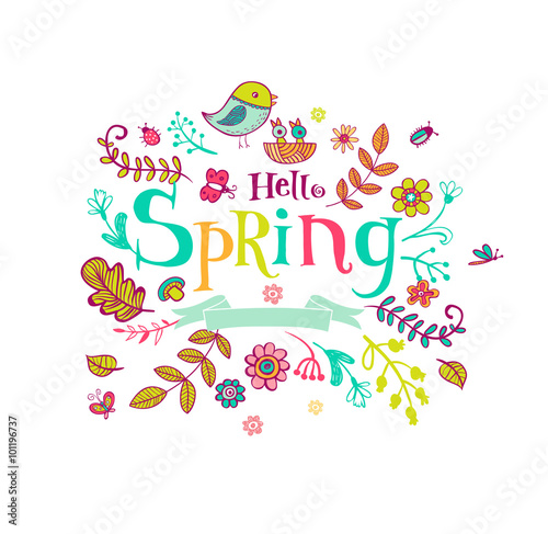 Hello Spring banner in doodle style © azzzya