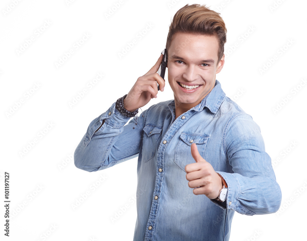 Happy Young Man Using Mobile Phone Isolated On White Background Happy Young Man Using Mobile Phone Isolated On White Background