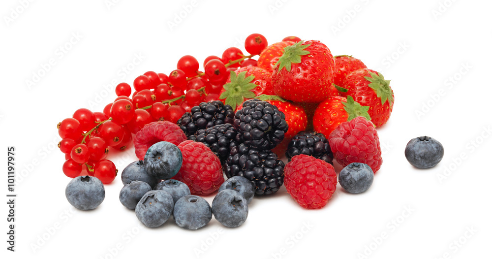 Stack of different garden berries (isolated) Stack of different garden berries (isolated)
